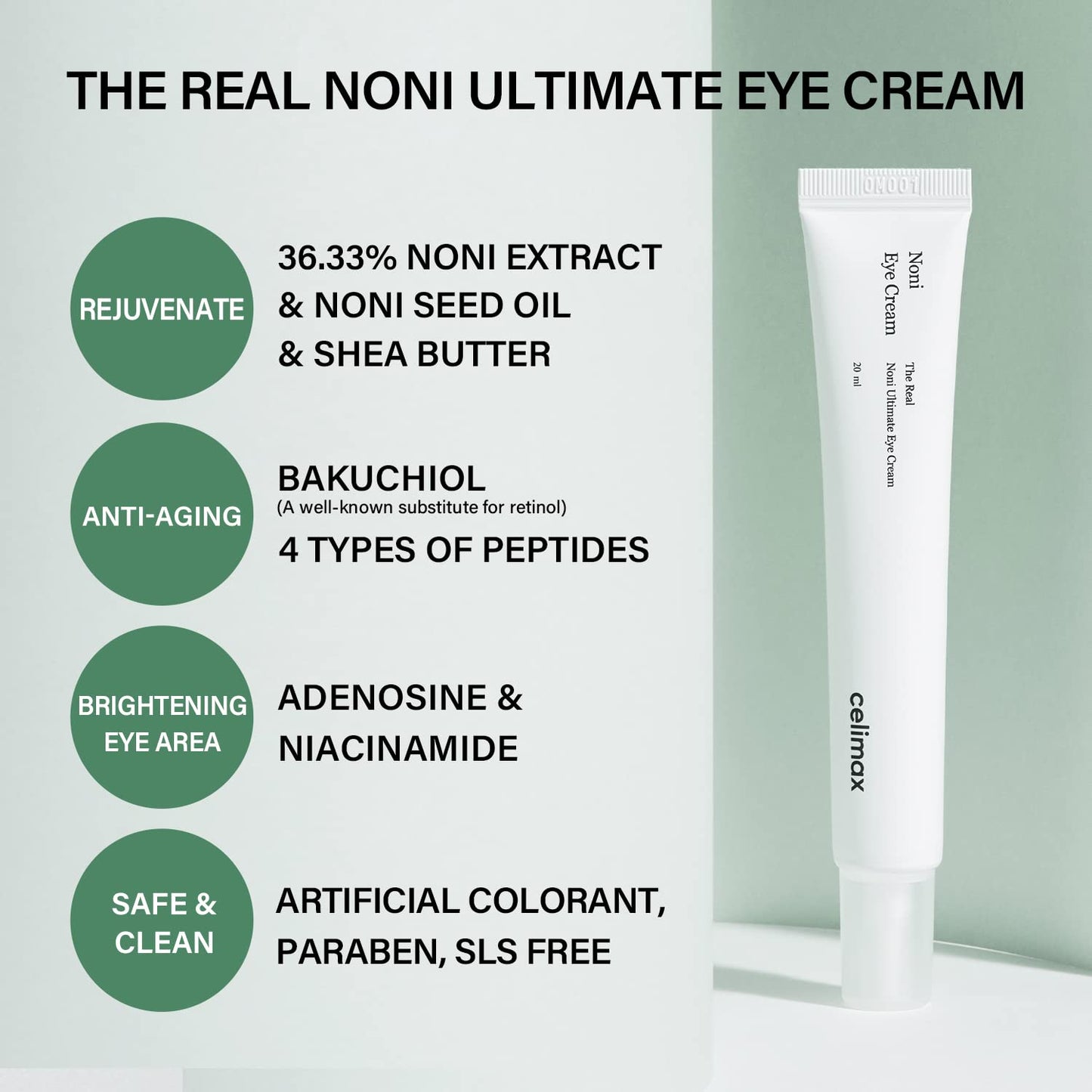 Real Noni Eye Cream | with Noni Extract & Bakuchiol (Retinol), anti Aging, for Wrinkle, Crows Feet & under Eye, Dark Circles, Brightening, Hydrating, Sensitive for Skin, 20Ml