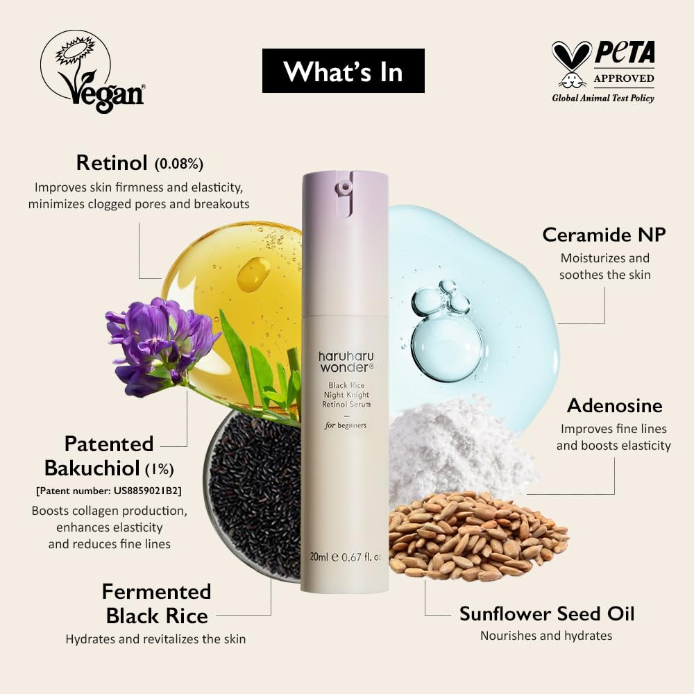 Wonder Black Rice Night Knight Retinol Serum, Refining & Smoothing, Firms Skin, Reduces Fine Lines, Hydrating Formula, 0.67 Fl.Oz
