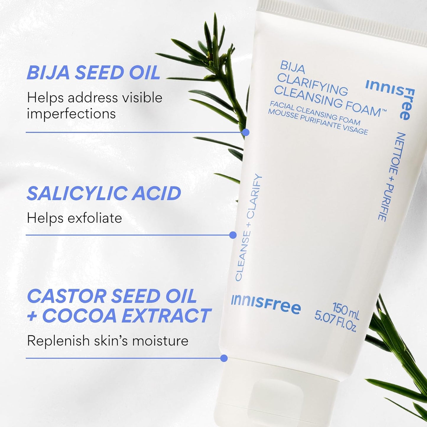 Bija Clarifying Foam Cleanser with Salicylic Acid & Castor Oil, Korean Skincare, Gentle Face Wash, Sulfate-Free Formula