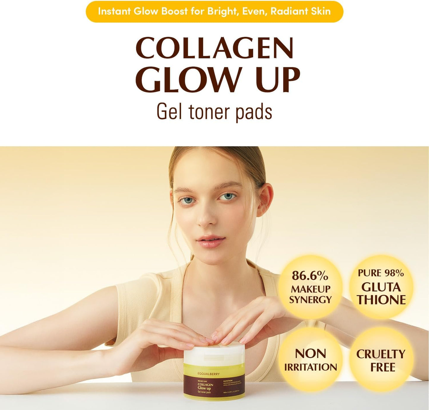 Collagen Glow up Gel Toner Pads – Brightening Korean Jelly Pad with Deep Absorption Collagen, Hydrating & Glow-Boosting Formula, 4.73 FL.OZ. (140Ml) / 60 Pads