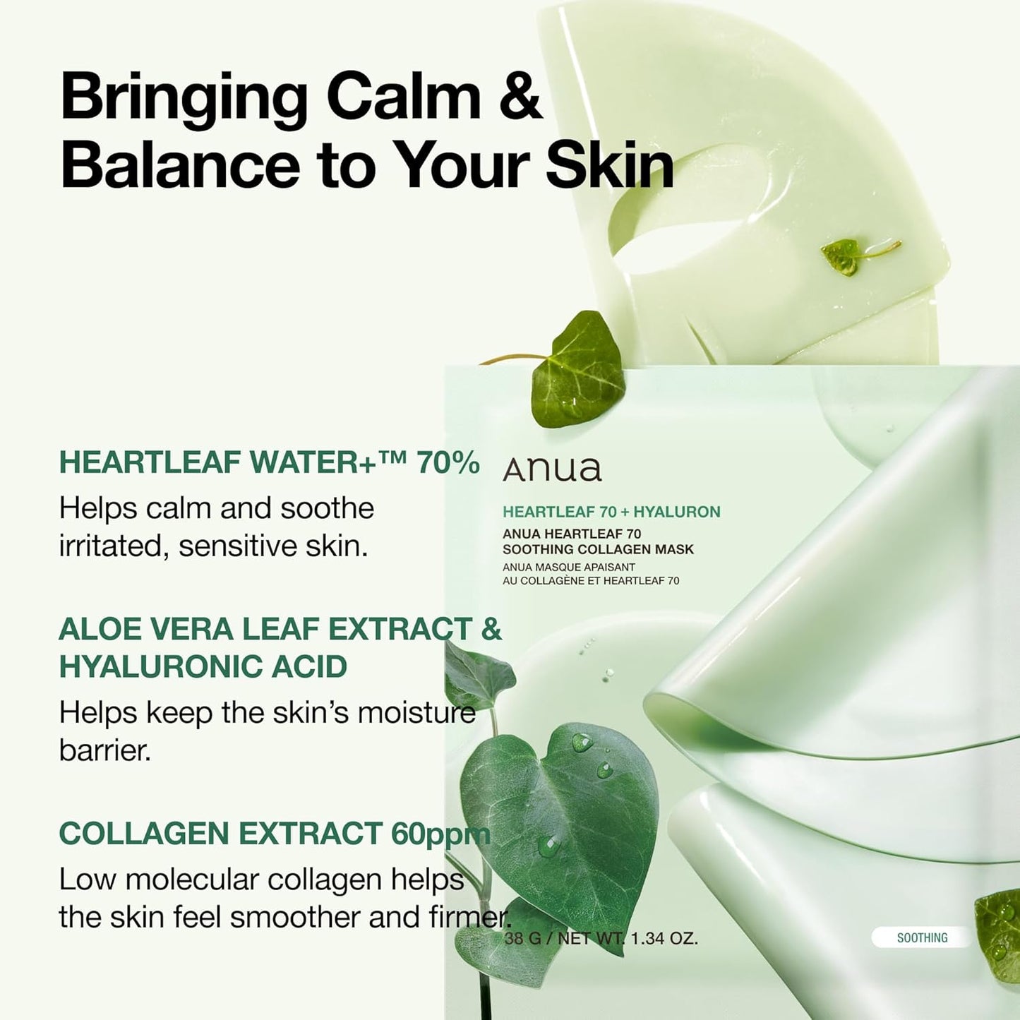 Heartleaf 70 Soothing Collagen Mask, Overnight Face Mask for Glass Skin, Hyaluronic Acid, Collagen, Soothing & Hydration Facial Mask for Sensitive Skin, Natural Color, Korean Skin Care (38G, 4Ea)