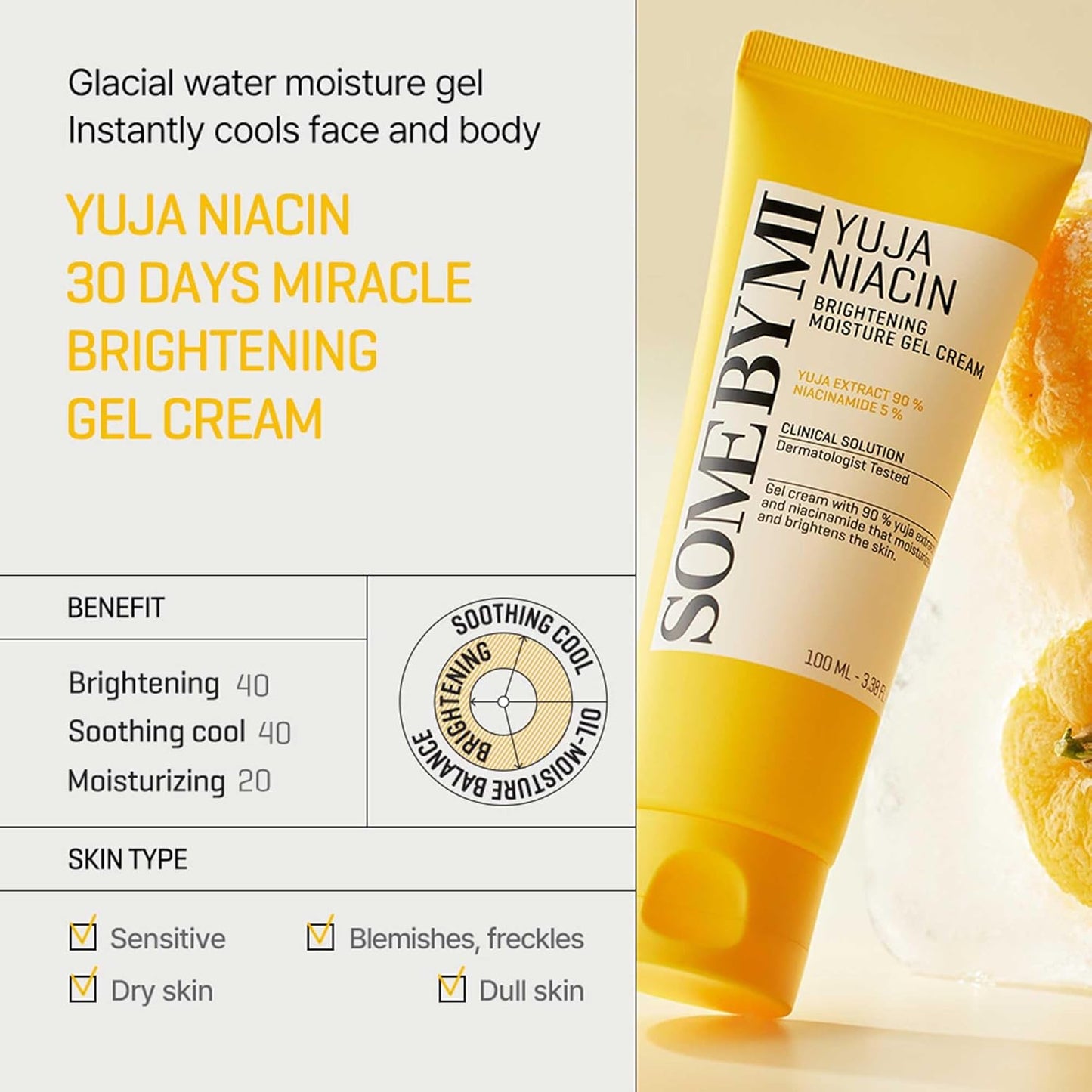 Yuja Niacin Brightening Moisture Gel Cream - 3.38Oz, 100Ml - Made from 10 Vitamin for Dull-Looking Skin - Mild Moisturizer for Skin Calming, Melasma and Blemish Care - Korean Skin Care