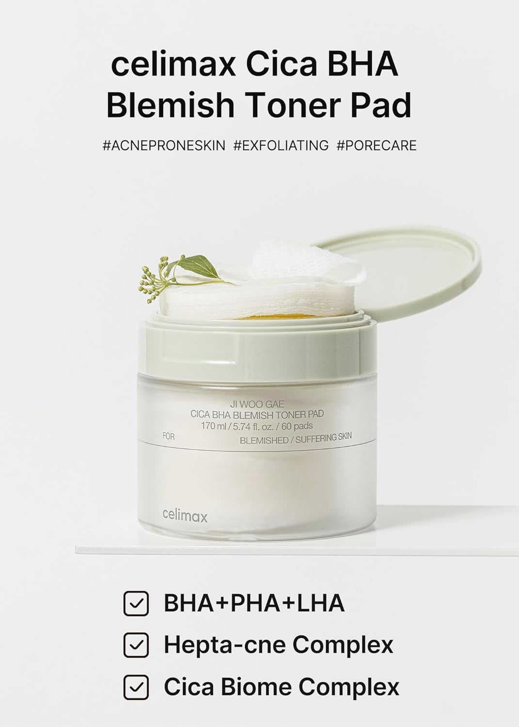 Ji.Woo.Gae CICA BHA Blemish Toner Pad | BHA PHA LHA Complex, Centella Asiatica Extract, Hydrating, Moisturizing, Soothing, Reparing, (60 Pads)