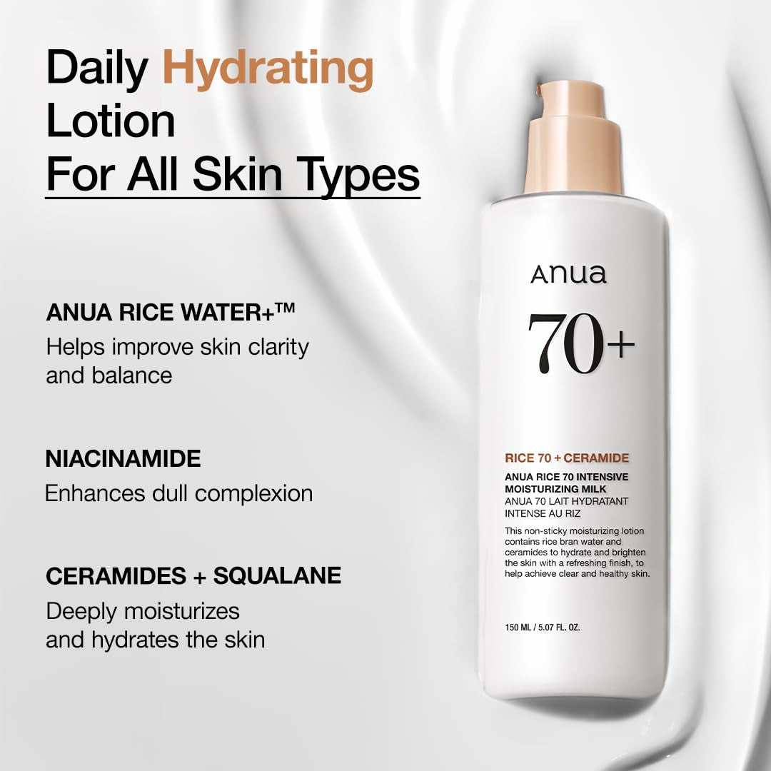 Rice 70 Intensive Moisturizing Milk, Lotion for Deep Hydration and Nourishing, Glowy Glass Skin, Rice Water, Niacinamide, Ceramides, Lightweight, Korean Skincare, 150Ml/ 5.07 Fl.Oz.