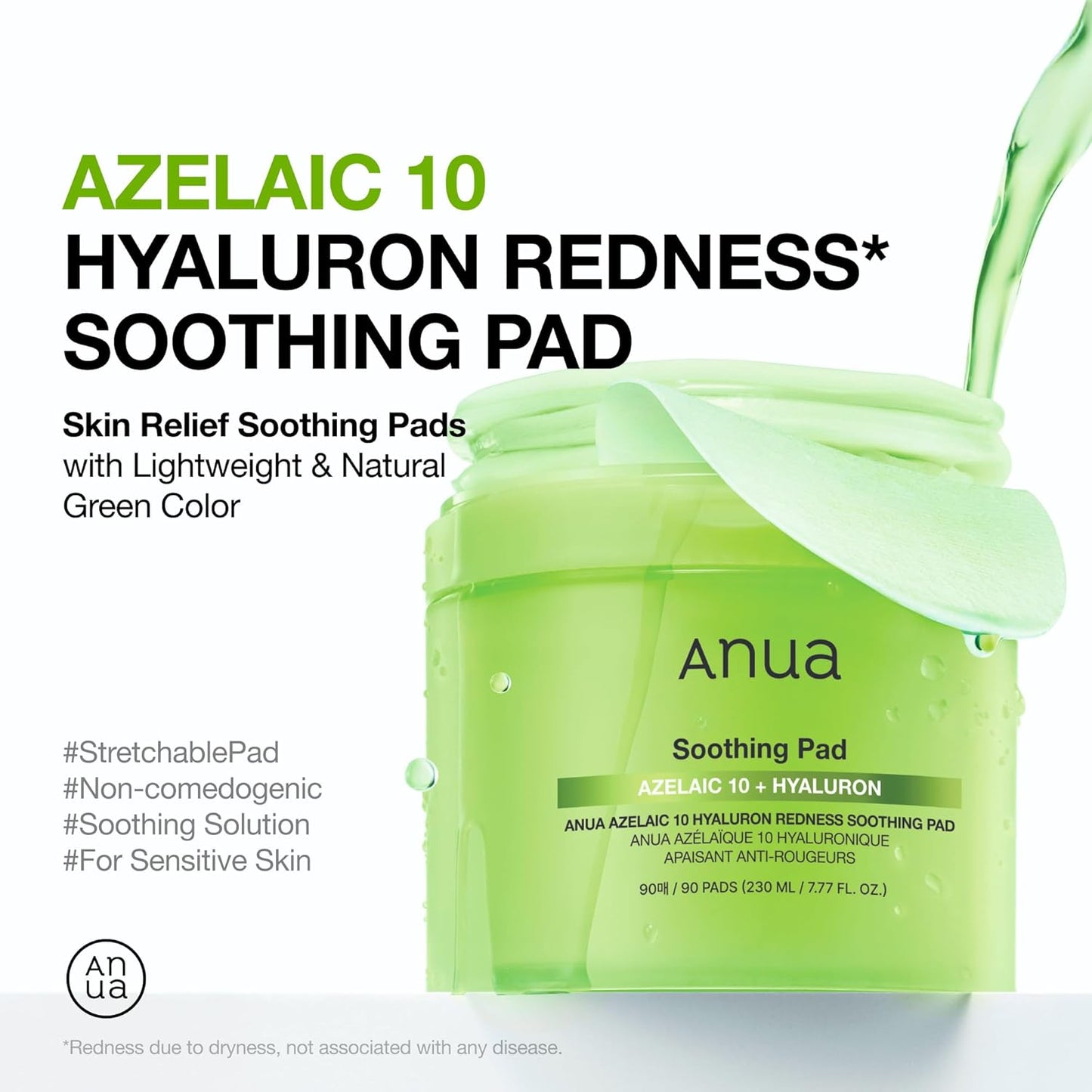 Azelaic 10 Hyaluron Redness Soothing Pad, Troubled & Spot Care with Korean Toner Pads, Quick & Easy Stretchable Facial Mask with Azelaic Acid, Hyaluronic Acid, Korean Skin Care (90 Pads)
