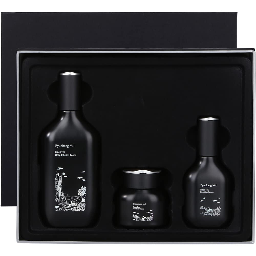 PKY Black Tea Line Gift Box Set, Deep Nurishment for Anti-Aging, Rich Moisture Toner, Revitalizing Serum & Nourishing Cream, Zero-Irritation (3-Item Set)