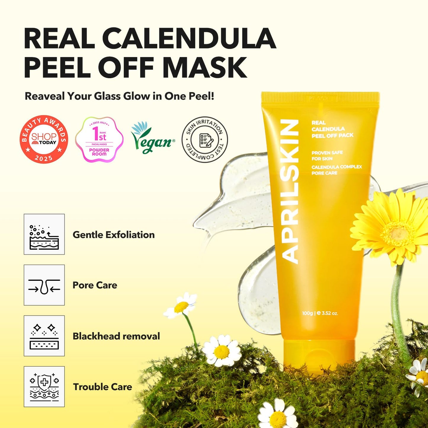 Calendula Flower-Infused Facial Peel off Mask, 3.52 Fl. Oz, PHA, BHA & Niacinamide Gently Exfoliates, Removes Impurities, Improves Uneven Skin Tone, and Minimizes Pores, Korean Skincare