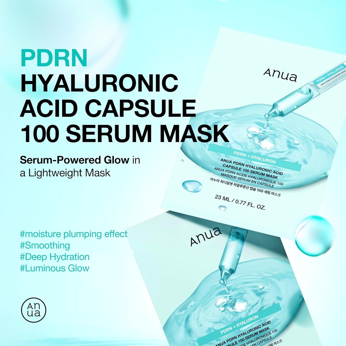 PDRN Hyaluronic Acid Capsule 100 Serum Mask, Everyday Glow Korean Sheet Mask with Salmon PDRN, Hyaluronic Acid, Collagen, Self Home Care Facial Mask for Glass Skin, Korean Skin Care (10EA)