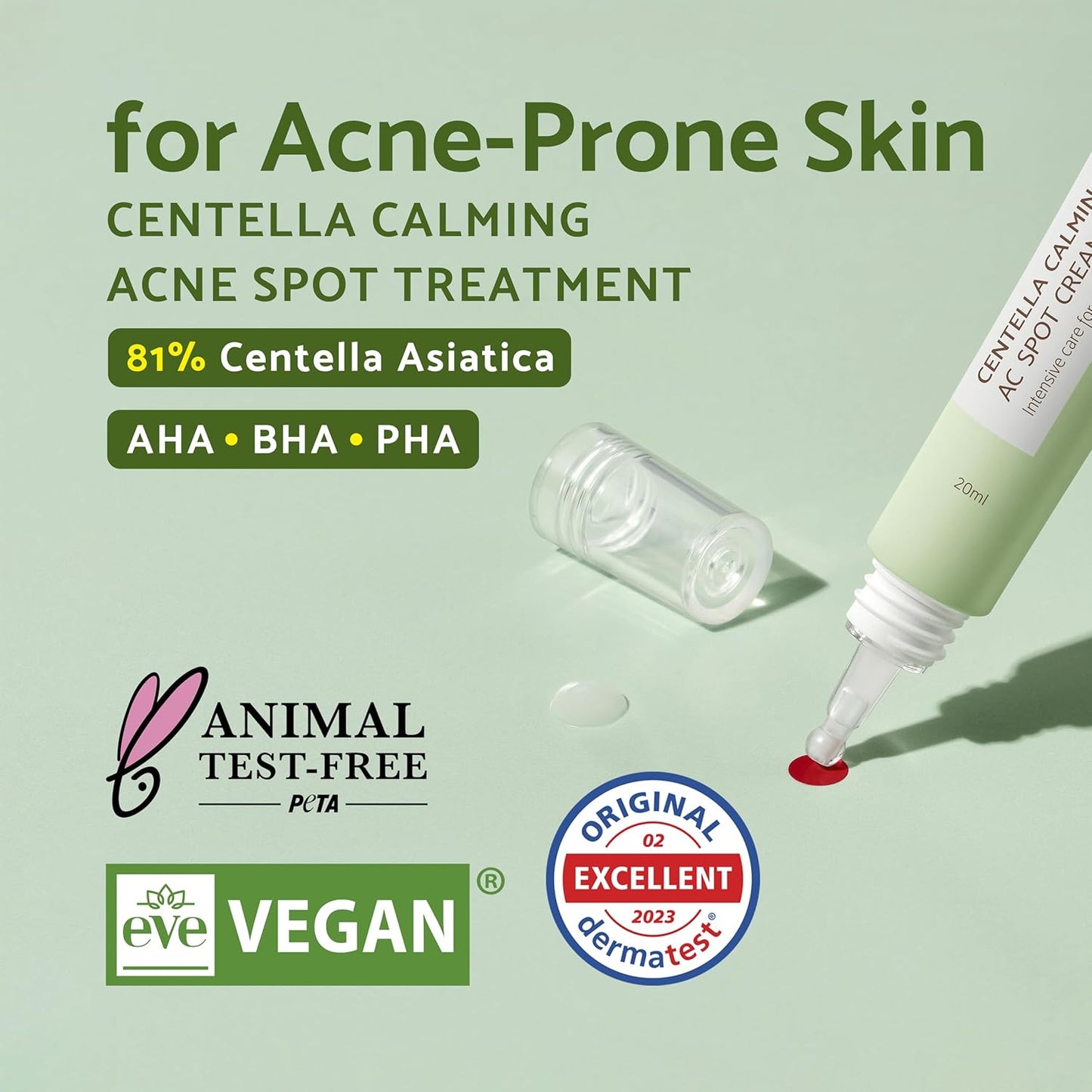 81% Concentrated Centella Calming Gel Acne Spot Cream W/Aha BHA PHA Salicylic Acid Niacinamide Tea Tree Oil-Free Blemish Pimple Lightweight for Adults & Teens .67 Oz Sensitive Acne-Prone Skin