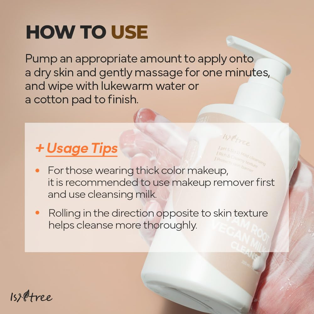 Yam Root Vegan Milk Cleanser 220Ml, 7.43 Fl.Oz | Korean Facial Cleanser for Sensitive Skin | Rich & Creamy Texture | Hydrating & Mild | Vegan & Cruelty-Free Skincare