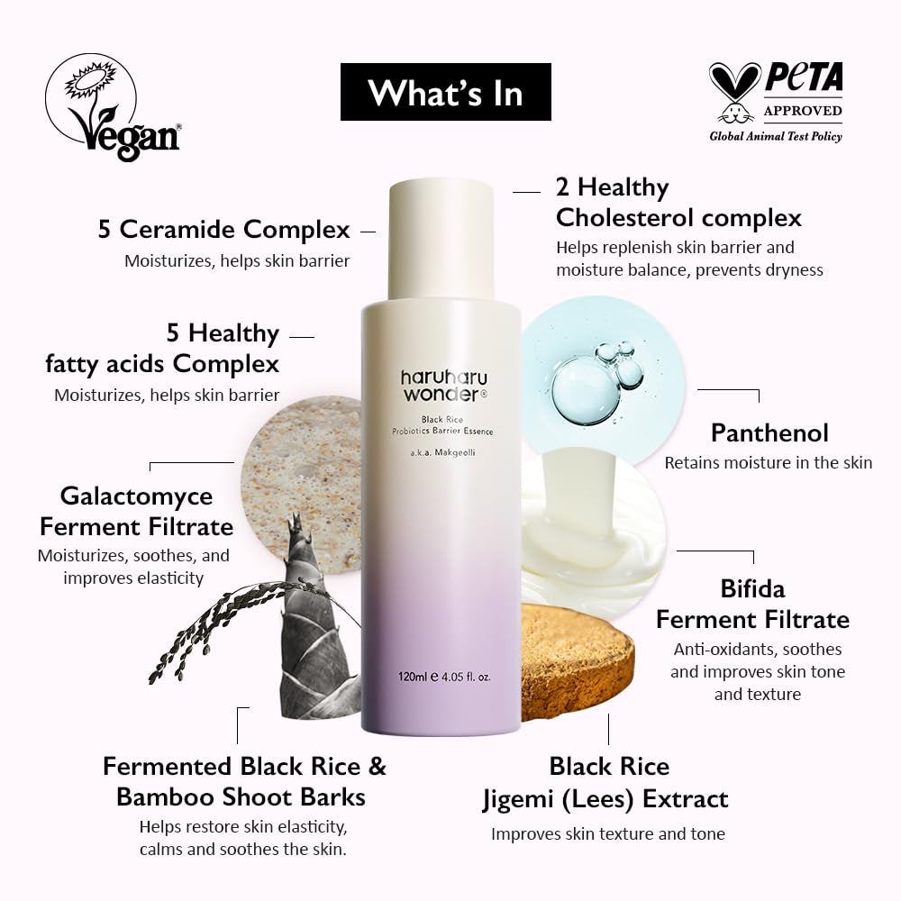 Wonder Black Rice Probiotics Barrier Essence 1.01 Fl. Oz., Travel Size Essence Toner to Strengthen Skin Barrier with Ceramides, Soothing, Moisturizing, Plumping, Korean Skincare