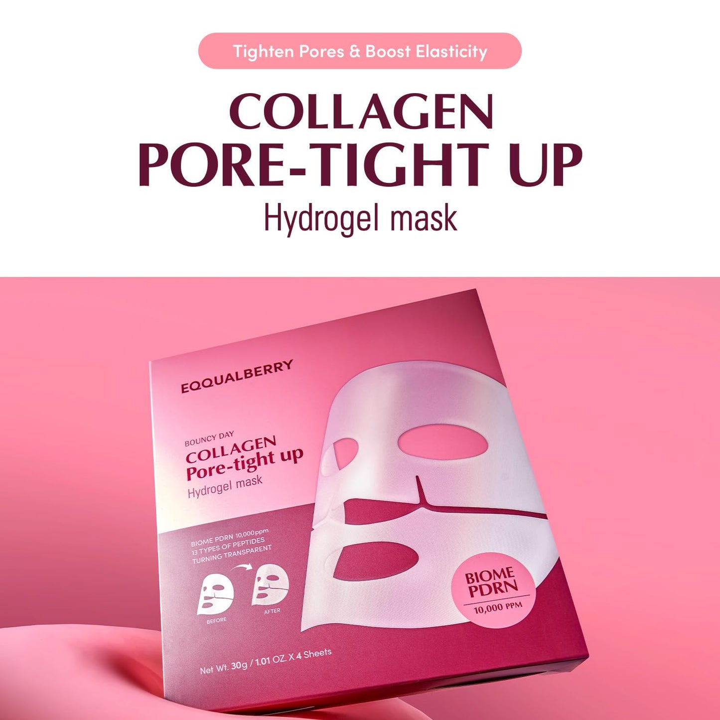 Collagen Pore-Tight up Mask - PDRN & Low Molecular Collagen for Pore Minimizing and Firming | Korean Collagen Face Mask for Glass Skin, 4 Sheets, 1.01 OZ.