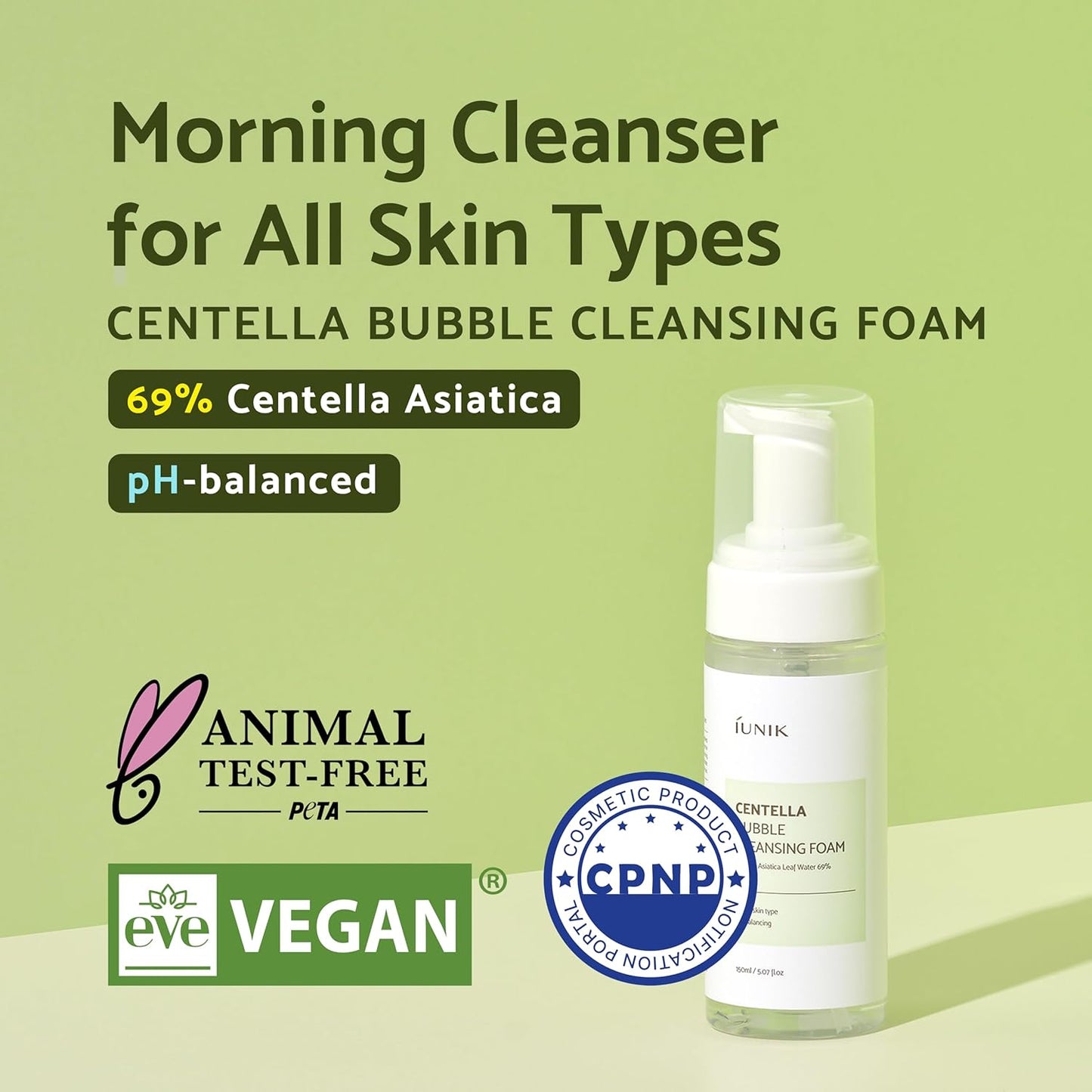 Centella Bubble Foaming Vegan Facial Cleanser - 69% Centella Asiatica Extract, Soothing, Moisturizing, Exfoliating, Removes Pore Blackheads, Whiteheads, 5.07 Fl Oz