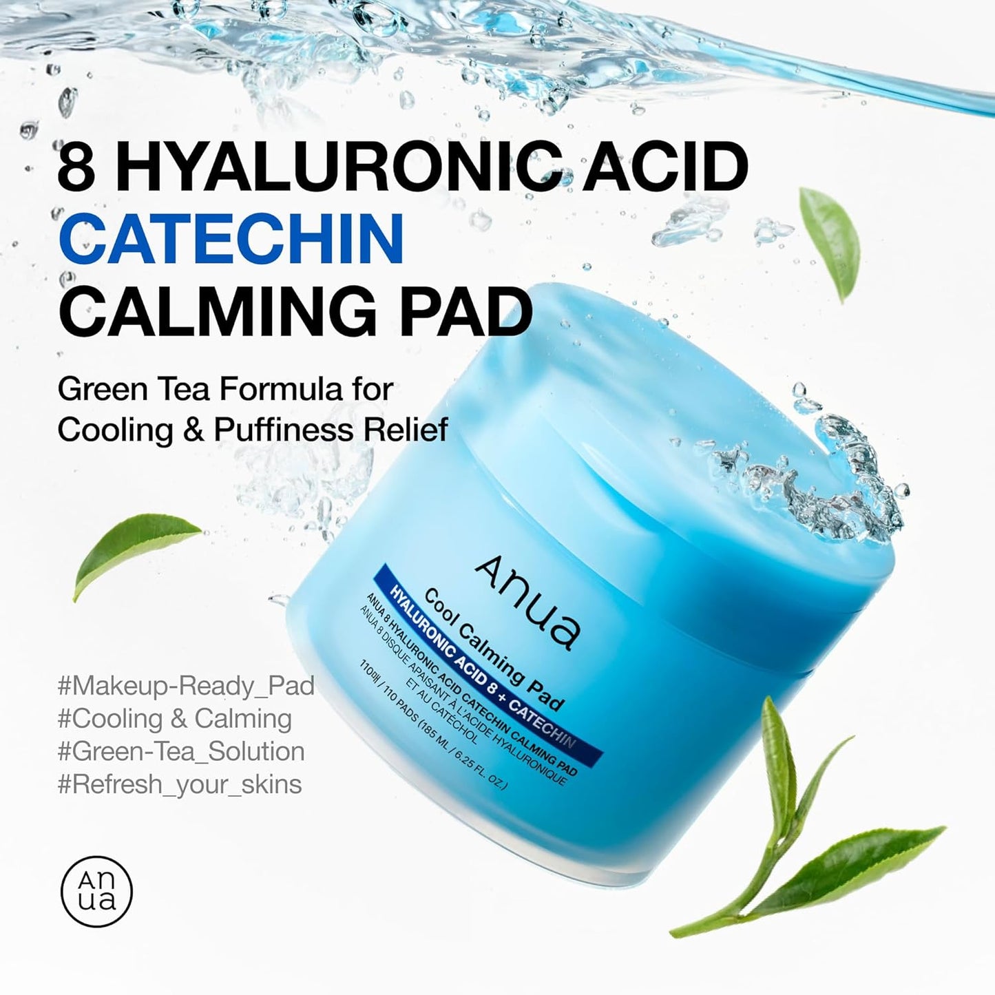 8 Hyaluronic Acid Catechin Calming Pad, Pore Care & Cooling Effect with Korean Toner Pad, Quick & Easy Hydrating Daily Face Mask, Makeup Prep Routine, Korean Skin Care (185Ml,110 Pads)