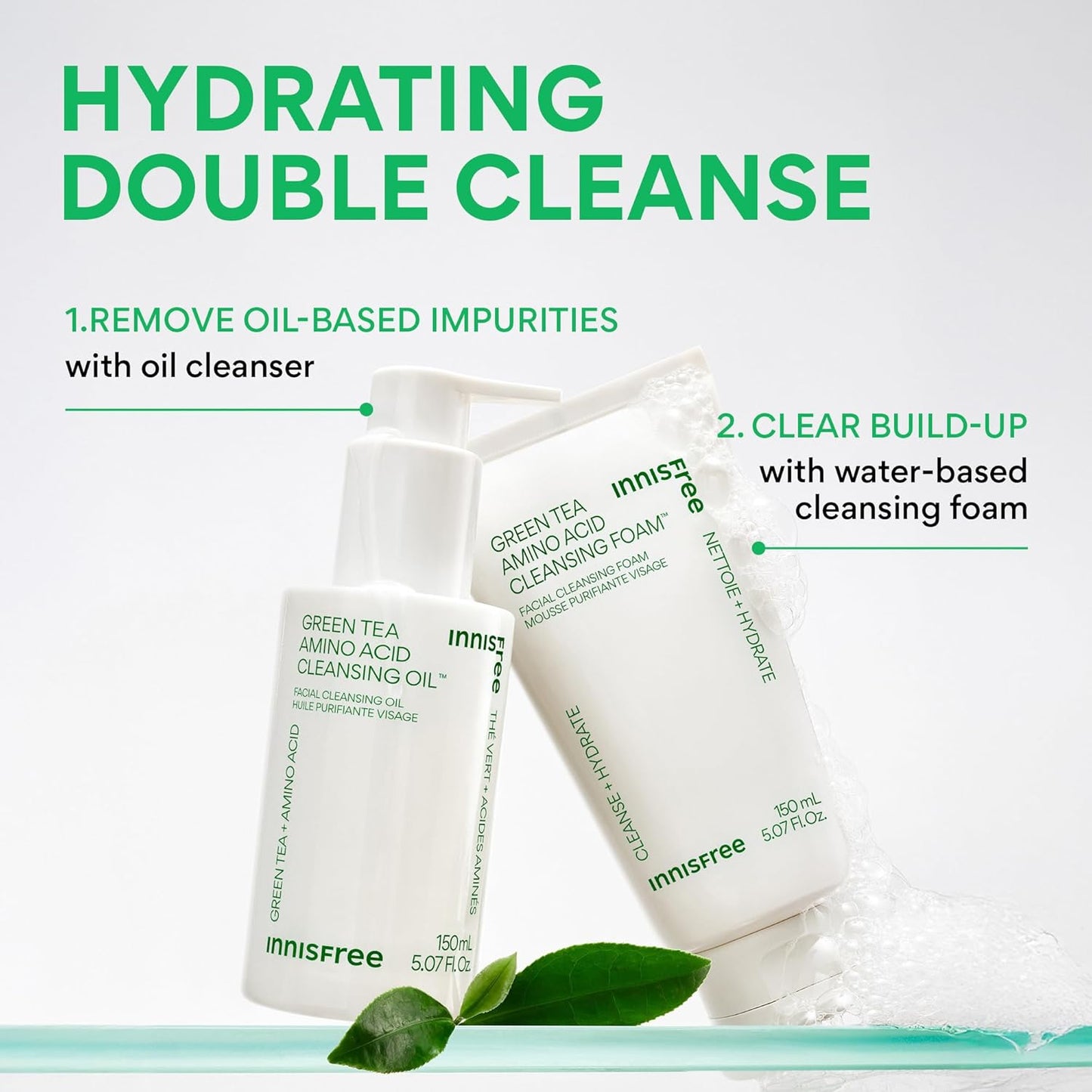 Green Tea Amino Acid Cleansing Oil, Hydrating Korean Face Wash with Jojoba, Makeup Remover, Sunscreen Dissolving Formula