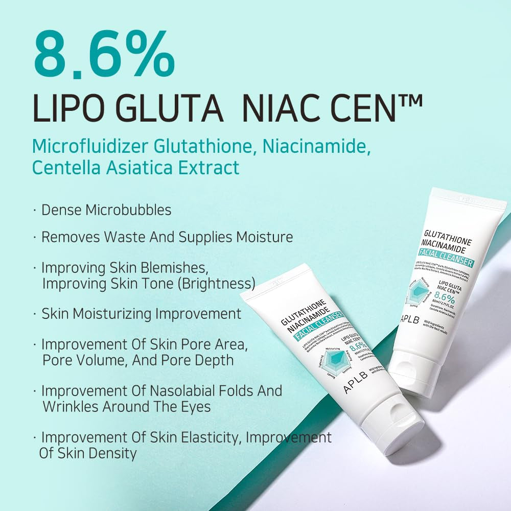 Glutathione Niacinamide Facial Cleanser | LIPO GLUTA NIAC CEN™ 8.6% 2.71 Fl.Oz/Korean Skincare, Cares for Tighten Pores & Sebum, Long Lasting Nourishment and Deep Moisture for Soft Skin