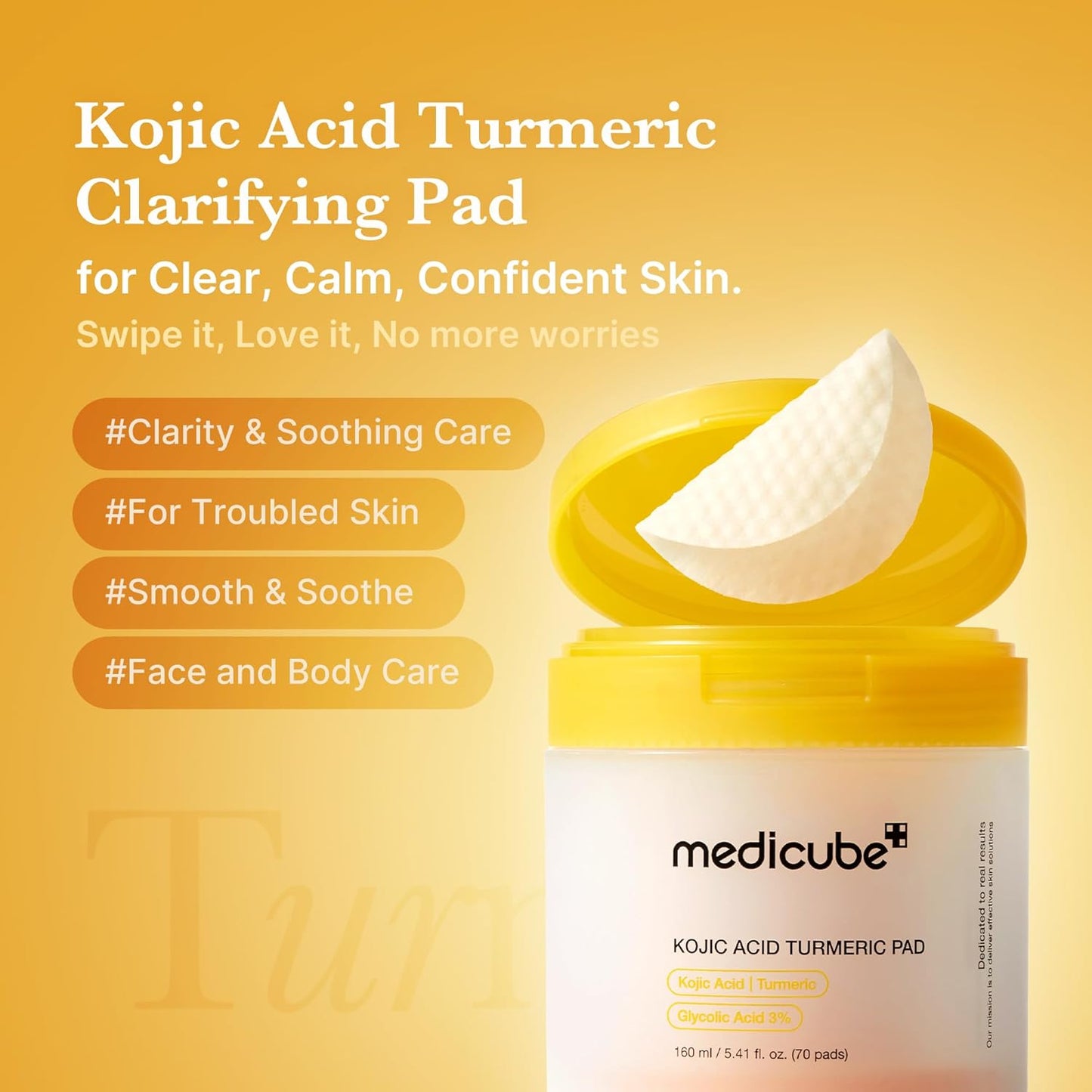 Kojic Acid Turmeric Clarifying Toner Pad for Troubled Skin & Use after Spot Care | Soothing & Calming with Kojic Acid, Turmeric, Niacinamide, and Glycolic Acid | Korean Skin Care, 70 Pads