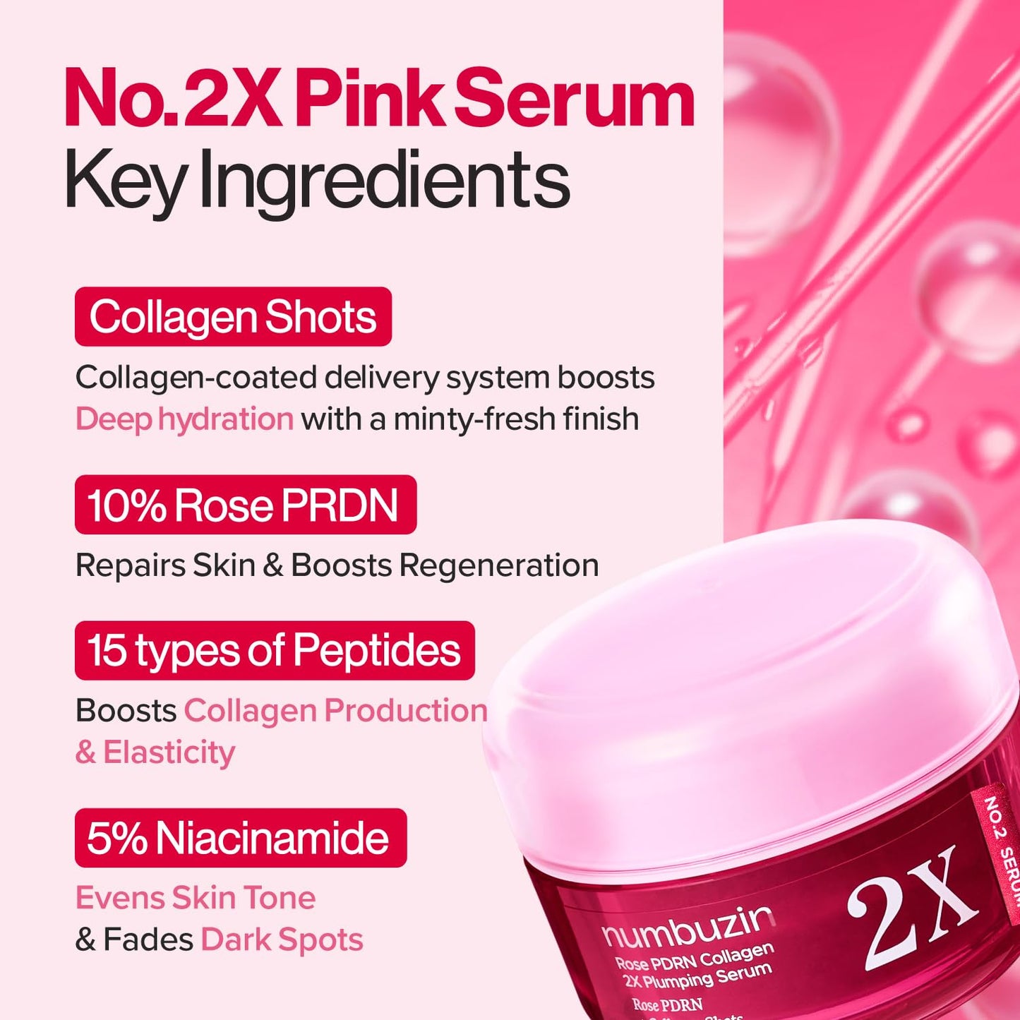 No.2X Serum | Rose PDRN Collagen 2X Plumping Serum | Glowing, Hydrating, Firming, Korean Skincare | Collagen, Peptides, PDRN | for Dry, Combination Skin | 1.01 Fl.Oz.