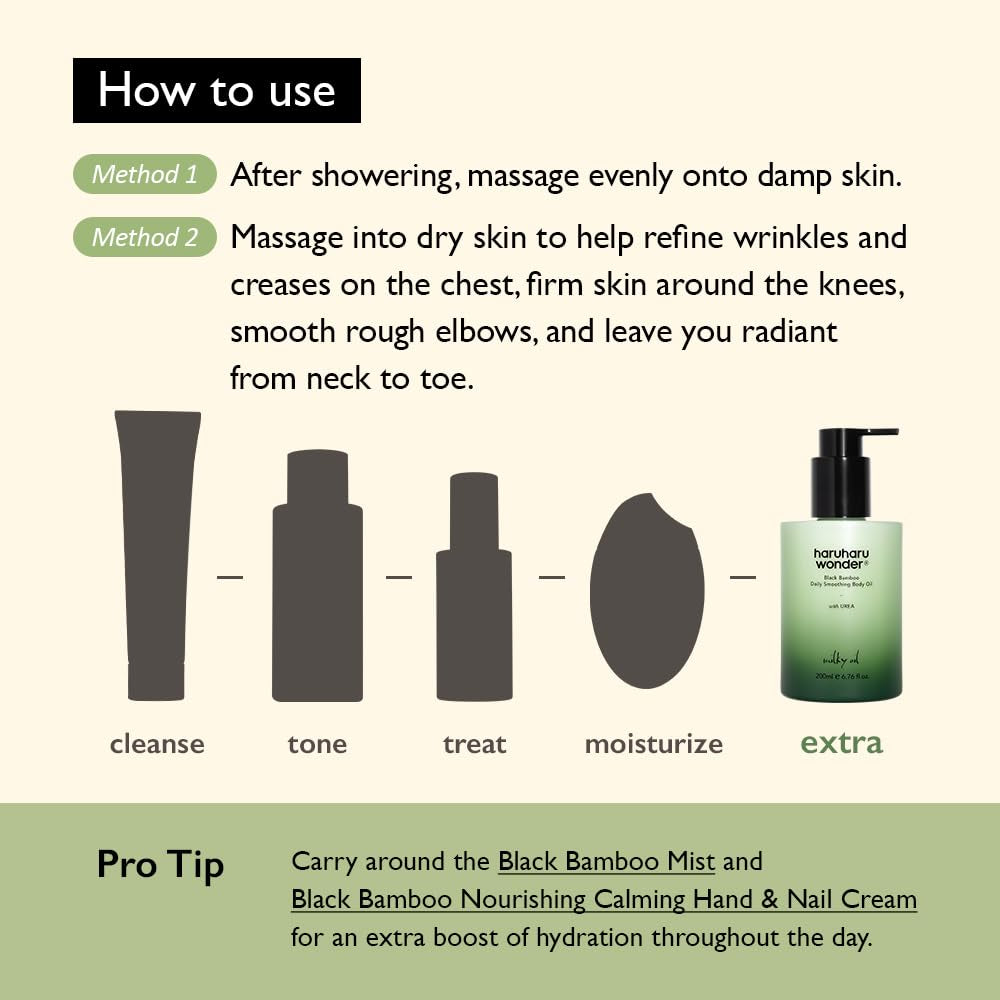 Wonder Black Bamboo Daily Smoothing Body Oil, 6.76 Fl Oz, Fast Absorption, Lightweight, Non-Greasy, Deeply Hydrating, Locks in Moisture, Softens & Nourishes Skin, with Almond & Argan Oil