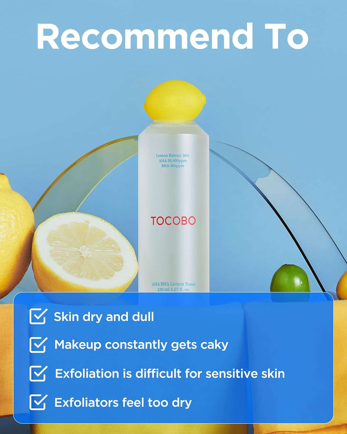 AHA BHA Lemon Facial Toner 5.07 Fl Oz / 150 Ml | Vitamin C and Lemon Extract, AHA, BHA, Calming and Soothing Moisturizer | Natural Ingredients, Vegan Toner, Cruelty Free