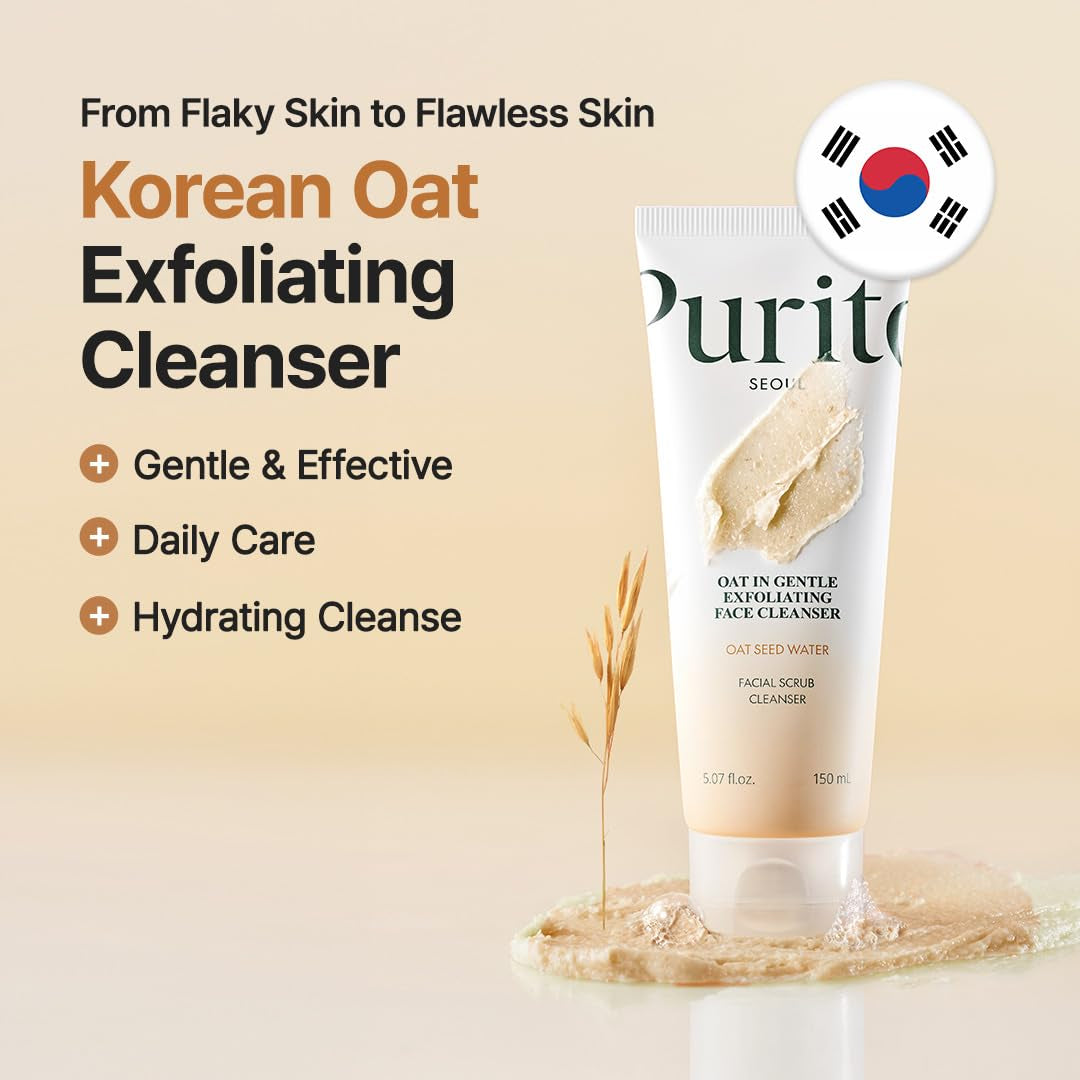 Oat Exfoliating Facial Polish Cleanser - Hydrating Daily Face Wash with Gentle Scrub Clay Pore Minimizing Panthenol, Oat Seed Water Vegan, Non-Comedogenic Korean Skin Care 5.07 Fl.Oz