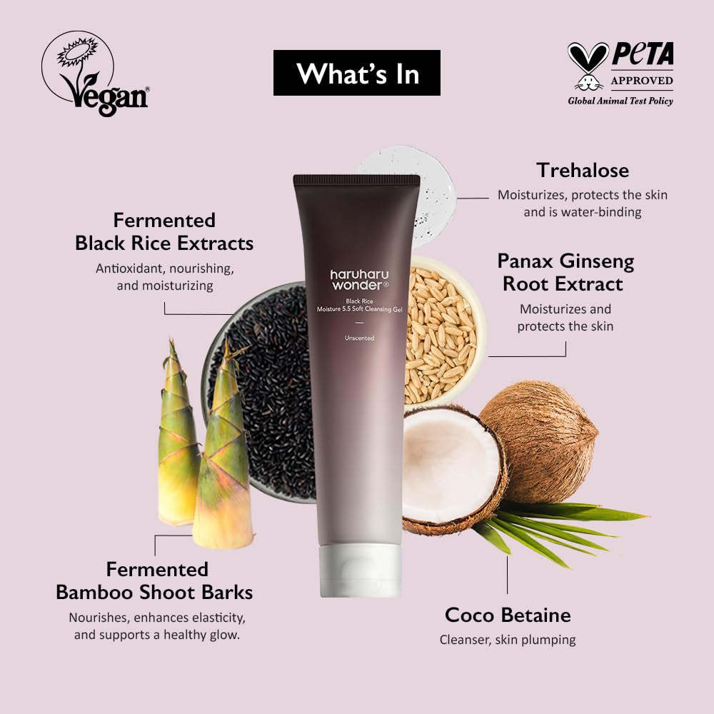 Wonder Black Rice Moisture 5.5 Soft Cleansing Gel, 3.4 Fl.Oz, Gentle Face Wash for Dry to Normal Skin, Low 5.5Ph, Soap Free, Hydrating, Fragrance Free, Daily Use, Korean Skincare