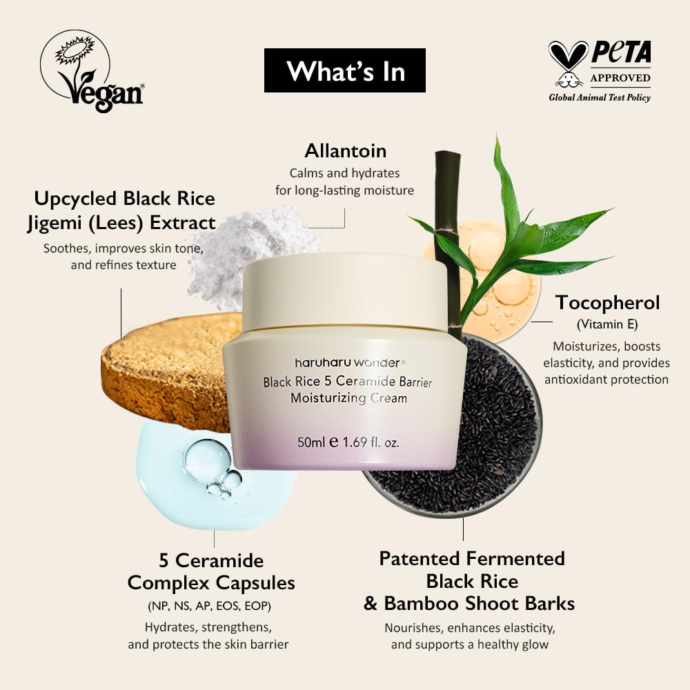 Wonder Black Rice 5 Ceramide Barrier Moisturizing Cream, Daily Skin Barrier Care, Long-Lasting Hydration, Soothing & Nourishing, Ceramide Capsules, Korean Skincare, 1.69 Fl.Oz