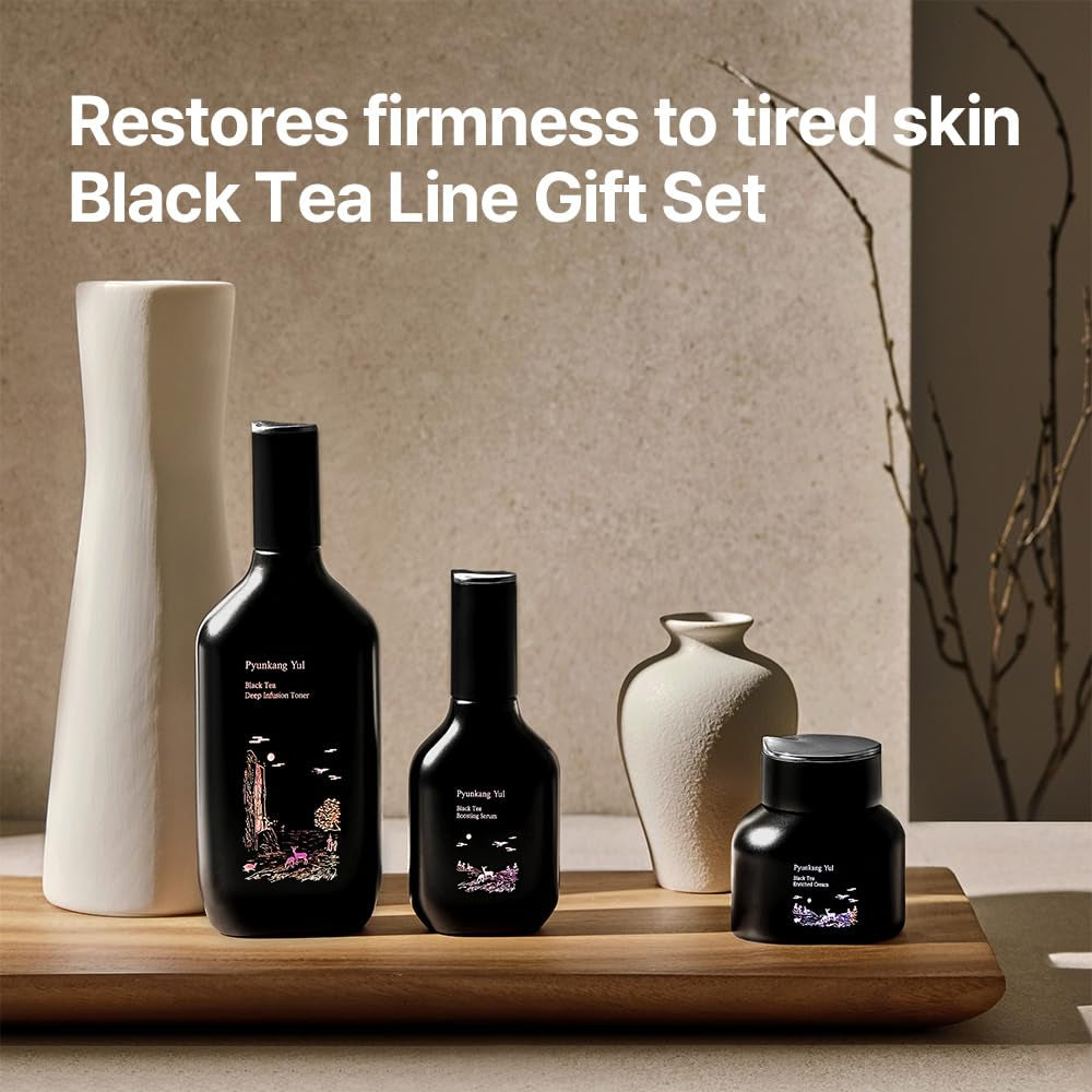 PKY Black Tea Line Gift Box Set, Deep Nurishment for Anti-Aging, Rich Moisture Toner, Revitalizing Serum & Nourishing Cream, Zero-Irritation (3-Item Set)