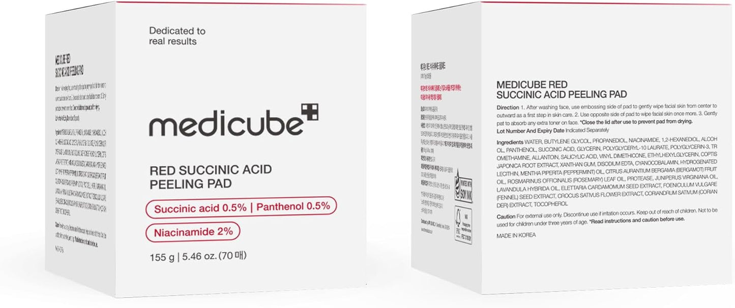Red Succinic Acid Panthenol Facial Peeling Pads - Exfoliating Toner Pads for Breakout-Prone Skin with Niacinamide, AHA, BHA, and Soothing Panthenol - Non-Comedogenic