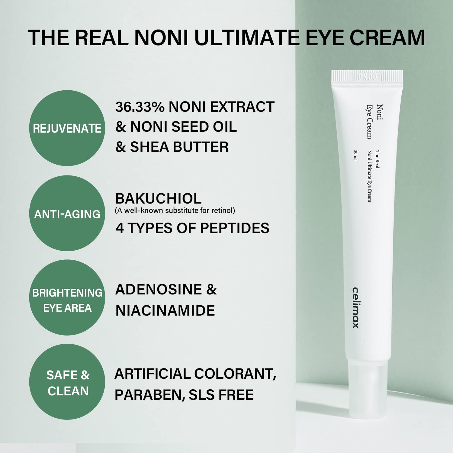 Real Noni Eye Cream | with Noni Extract & Bakuchiol (Retinol), anti Aging, for Wrinkle, Crows Feet & under Eye, Dark Circles, Brightening, Hydrating, Sensitive for Skin, 20Ml