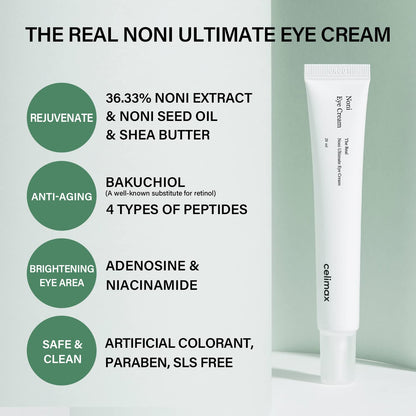 Real Noni Eye Cream | with Noni Extract & Bakuchiol (Retinol), anti Aging, for Wrinkle, Crows Feet & under Eye, Dark Circles, Brightening, Hydrating, Sensitive for Skin, 20Ml