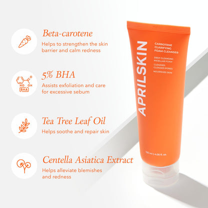 Carrotene Clarifying Foam Cleanser - Deep Cleansing with Bhas & Sebum Control for Oily, Sensitive, Acne-Prone Skin - 120Ml - Vegan, Cruelty Free