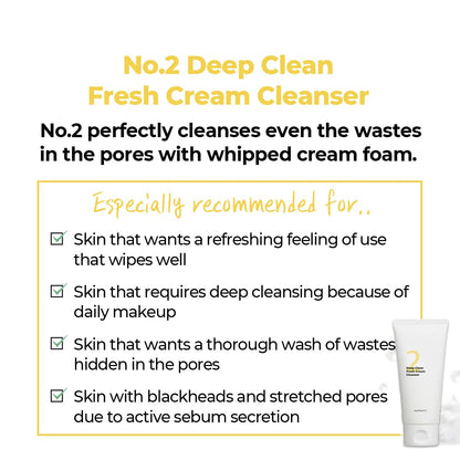 No.2 Cleansing Foam | Deep Clean Fresh Cream Cleanser | Foam Cleanser, Gentle Exfoliation, Deep Cleansing, Natural Ingredients | Blackheads, Excess Oil, Dead Skin Cells | 4.05 Fl. Oz.
