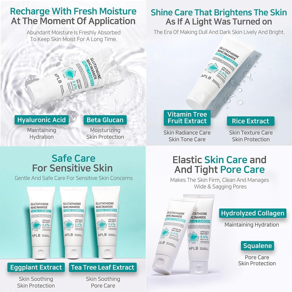 Glutathione Niacinamide Facial Cleanser | LIPO GLUTA NIAC CEN™ 8.6% 2.71 Fl.Oz/Korean Skincare, Cares for Tighten Pores & Sebum, Long Lasting Nourishment and Deep Moisture for Soft Skin