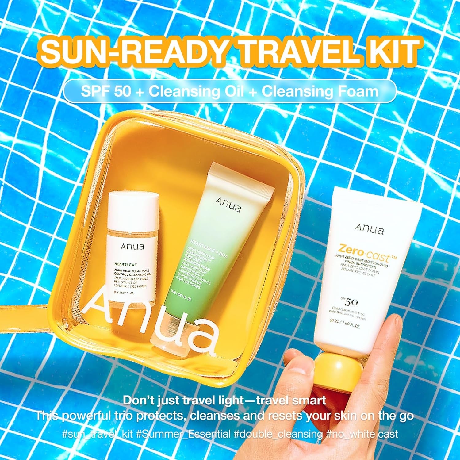 Sun-Ready Travel Kit, Zero-Cast Sunscreen & Cleansing Oil & Face Wash. Korean Sunscreen with Mini Size Double Cleansing Routine ,Korean Skincare Set