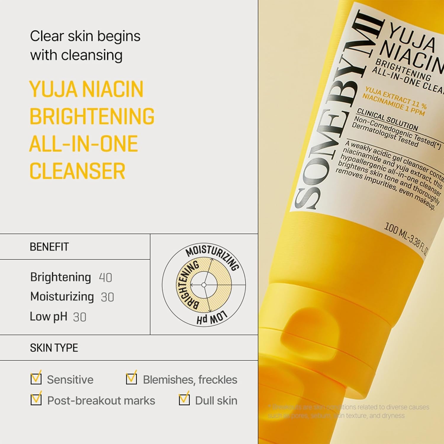 Yuja Niacin Brightening All in One Cleanser - 3.38Oz, 100Ml - Mild Daily Face Wash for Dull-Looking Skin - Low Ph Formula with No Irritation - Pore and Sebum Care - Korean Skin Care