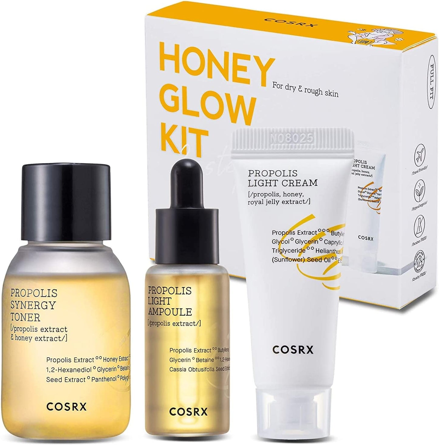 Honey Glow Kit, Korean Skin Care Set with Propolis Facial Toner, Serum, & Cream, Mini Travel Essentials, Deep Moisture, Hydration, Nourishment, Travel Size Gift Set, Korean Skin Care