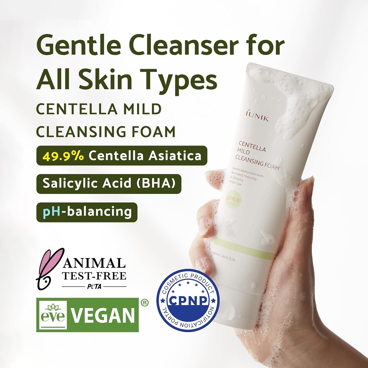 Centella Mild Facial Foaming Cleanser - Non-Stripping Sub-Acid W/Centella Asiatica 49% Moisturizing Ph Balancing for Oily Dry Senstivie Acne-Prone Skin Vegan Korean Skincare