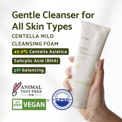 Centella Mild Facial Foaming Cleanser - Non-Stripping Sub-Acid W/Centella Asiatica 49% Moisturizing Ph Balancing for Oily Dry Senstivie Acne-Prone Skin Vegan Korean Skincare