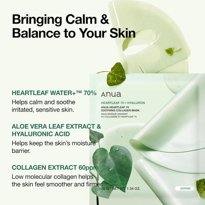 Heartleaf 70 Soothing Collagen Mask, Overnight Face Mask for Glass Skin, Hyaluronic Acid, Collagen, Soothing & Hydration Facial Mask for Sensitive Skin, Natural Color, Korean Skin Care (38G, 4Ea)