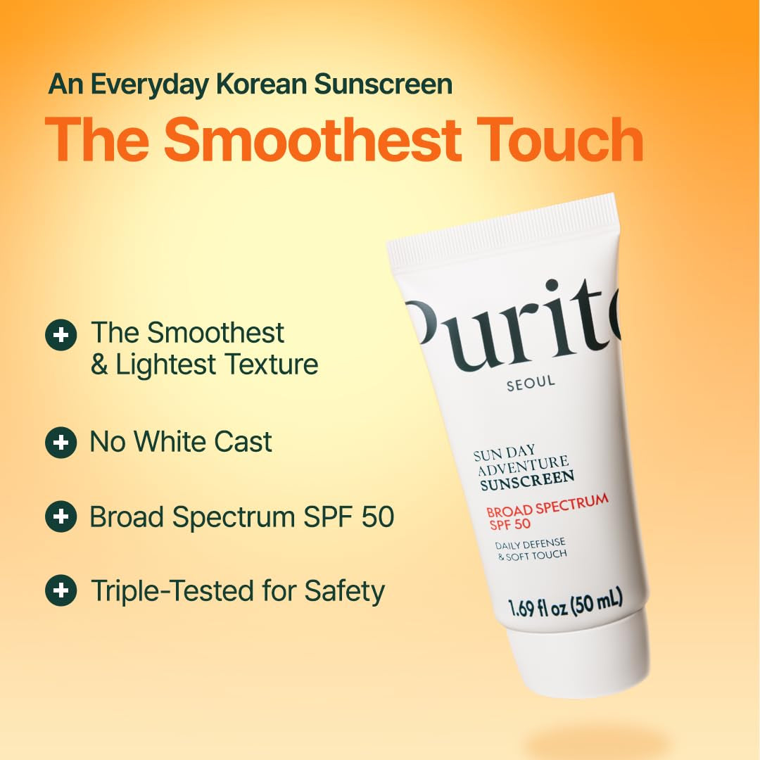 Sun Day Adventure Korean Sunscreen Smoothest and Lightest Texture Broad Spectrum SPF 50 UVA & UVB Protection No White Cast Oil Free for All Skin Types Vegan Daily Skin Care 50Ml, 1.69 Fl.Oz