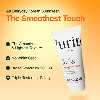 Sun Day Adventure Korean Sunscreen Smoothest and Lightest Texture Broad Spectrum SPF 50 UVA & UVB Protection No White Cast Oil Free for All Skin Types Vegan Daily Skin Care 50Ml, 1.69 Fl.Oz