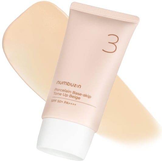 No.3 Porcelain Base-Skip Tone up Beige | SPF50+ PA++++ | Lightweight, Hydrating | Zinc Oxide, Niacinamide | Sheer, Natural Finish, Evens Skin Tone | Korean Skincare 1.69 Fl. Oz.