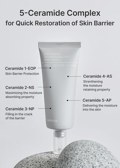 Dual Barrier Skin Wearable Cream | Long Lasting Cream Face Moisturizer with Ceramides, Hyaluronic Acid, Moisturizing, Hydrating, Soothing, Repairing, Day & Night Cream, 50Ml