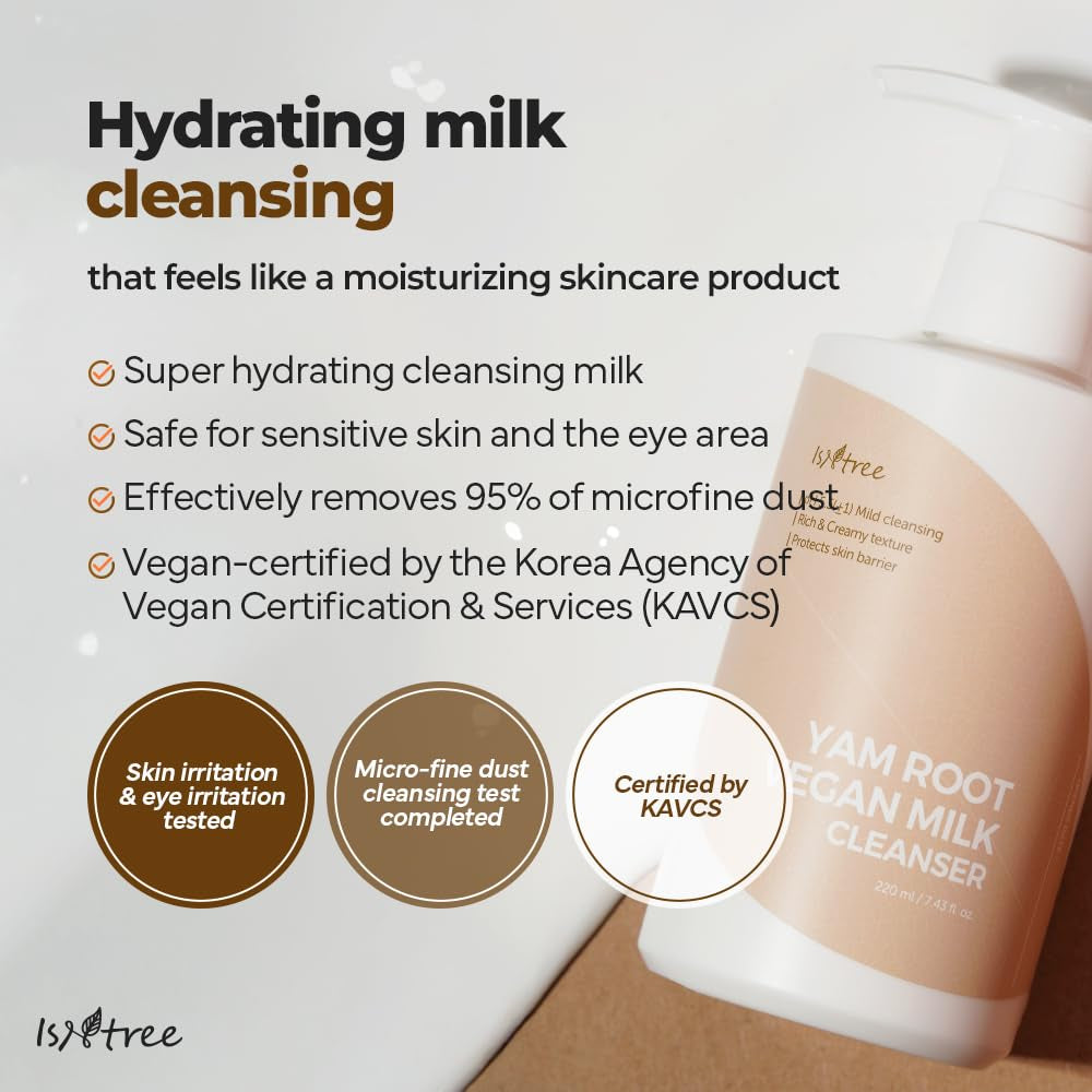 Yam Root Vegan Milk Cleanser 220Ml, 7.43 Fl.Oz | Korean Facial Cleanser for Sensitive Skin | Rich & Creamy Texture | Hydrating & Mild | Vegan & Cruelty-Free Skincare