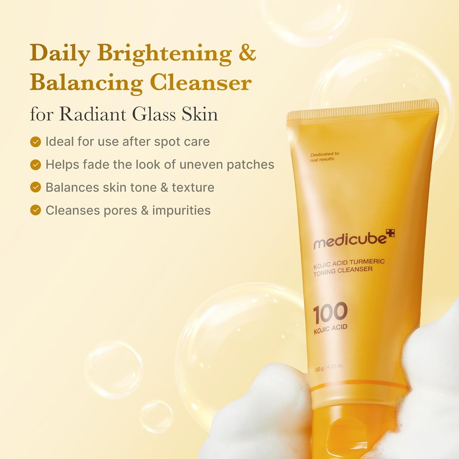 Kojic Acid Turmeric Whip Cleanser | Daily Facial Cleanser for Brightening, Balancing Skin Tone & Texture | Fade Appearance of Uneven Patches & Ideal for Use after Spot Care | Korean Skincare