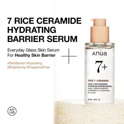 RICE CERAMIDE 7 HYDRATING BARRIER SERUM, Brightening, Hydrating Serum for Face, Rice, Hyaluronic Acid, Niacinamide, Fragrance-Free, Non Comodogenic, Glass Skin, Korean Skin Care, 50Ml/1.69Fl.Oz.