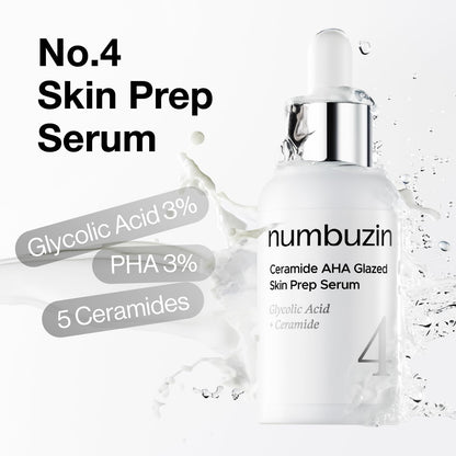 No.4 Serum | Ceramide AHA Glazed Skin Prep Serum | Exfoliating, Skin Barrier Repair, Face Peel, Korean Glass Face | Glycolic Acid, PHA, Ceramides, Panthenol | 1.01 Fl.Oz