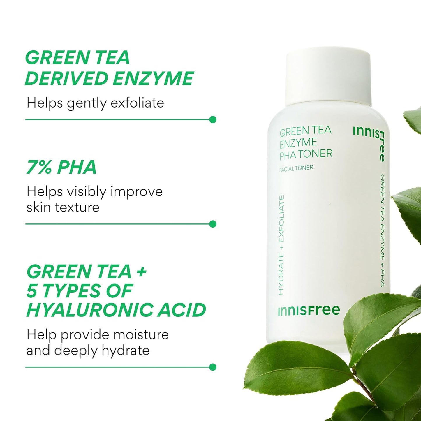 Green Tea Enzyme PHA Toner with Hyaluronic Acid, Hydrating Korean Exfoliating Essence for Smooth, Glowing Skin
