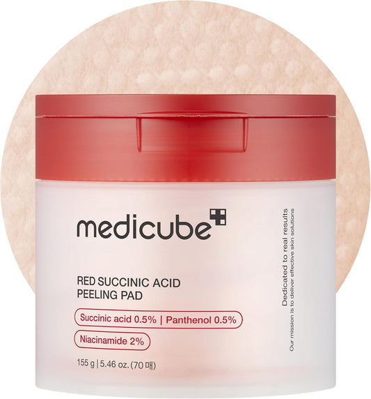 Red Succinic Acid Panthenol Facial Peeling Pads - Exfoliating Toner Pads for Breakout-Prone Skin with Niacinamide, AHA, BHA, and Soothing Panthenol - Non-Comedogenic